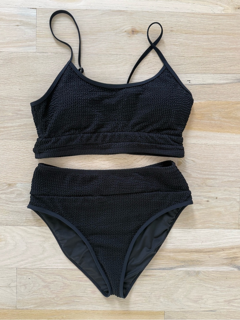 Black Textured High-Waist Bikini Set - Women Swim